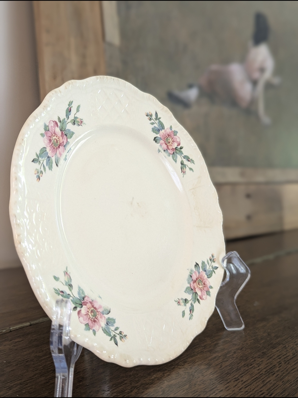 Trellis Floral Porcelain Bread Dessert Plate Pink Roses Lattice Trim
